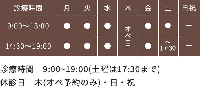 診療時間 9:00~19:00(土曜は17:30まで) 休診日 木(オペ予約のみ)・日・祝
